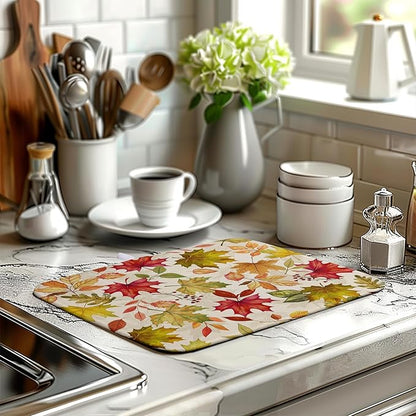 Wnoesat Fall Drying Mat for Kitchen Counter 16 x 18 Inch Maple Leaves Autumn Thanksgiving Harvest Dish Drying Mats Absorbent Microfiber Dish Draining Washable Reversible Dishes Pad