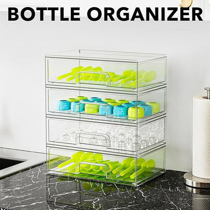 SpaceAid Bottle Storage Organizer Baby - Acrylic Bottles Station Organizer Container, Stackable Clear Drawers for Countertop, Vanity, Bathroom, Cabinet, Pantry Organization, 4 Pack, 4L, 13.7"H