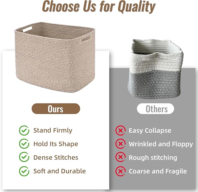 3 Pack Cube Storage Bin, 17”x12”x12” Cotton Rope Woven Baskets for Organizing Toys Clothes Towels, Square Gift Storage Baskets for Shelf, Nursery, Closet, Bathroom, Pantry (Jute)