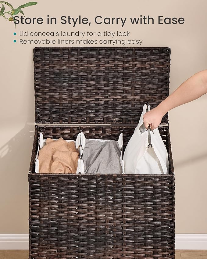 SONGMICS Laundry Hamper with Lid, PE Rattan Laundry Basket with Removable Liner, Storage Basket for Bedroom Living Room, 3-Section Sorter, 42.2 Gallons (160 L), Chestnut Brown ULCB223ME01