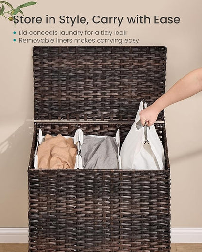 SONGMICS Laundry Hamper with Lid, PE Rattan Laundry Basket with Removable Liner, Storage Basket for Bedroom Living Room, 3-Section Sorter, 42.2 Gallons (160 L), Chestnut Brown ULCB223ME01