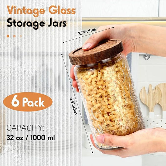 Domensi 6 Pcs Vintage Glass Jars 34 oz Glass Storage Jars with Lids Sunflower Pattern Airtight Storage Containers for Kitchen Counter, Pantry, Coffee Bean, Grains, Tea, Sugar, Flour, Candy, Oats