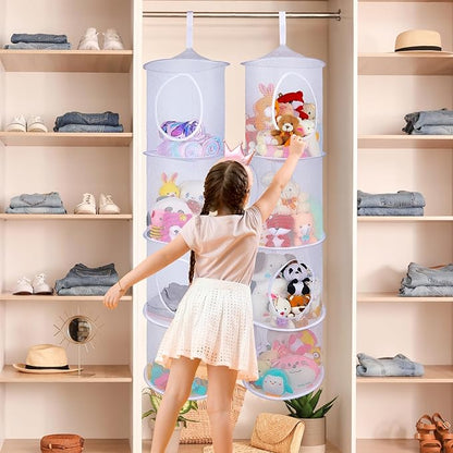 Basumee Stuffed Animals Net or Hammock 2 Pcs Stuffed Animals Storage Toy Net Hammock for Plushies Storage Organizer Mesh Kids Girls Room Decor, White, 4 Tiers