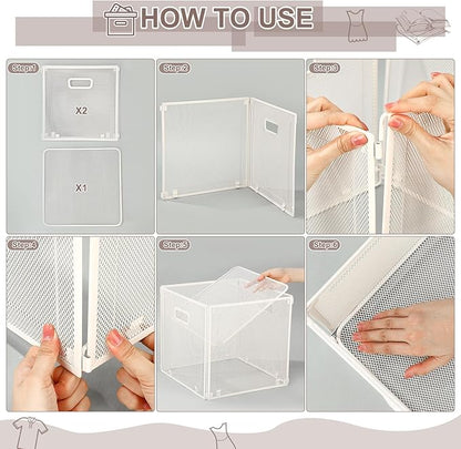 4 Pcs Foldable Metal Cube Storage Baskets 13x13 Kitchen Wire Baskets Stackable Mesh Laundry Organizer Bin with Handles for Shelves Kitchen Cabinets Closet Food (White)