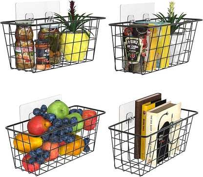 MaraFansie Over the Cabinet Door Organizer Wall Wire Baskets Hanging Kitchen Basket Shelf for Cabinet & Pantry Organization and Kitchen, Bathroom, Bedroom Storage, with Adhesive, 4 Pack
