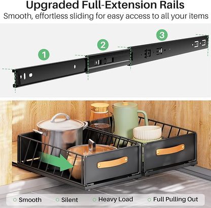Pull out Cabinet Organizer Fixed with Adhesive Nano Film,Heavy Duty Slide out Pantry Shelves Drawer Storage,Sliding Mesh Cabinet Basket with Handle for Kitchen, Bathroom,Home, 15.8"W X 21"D X6.2"H