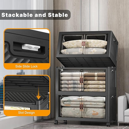 Extra Large Stackable Storage Bins with Lids & Wheels & Door,Foldable Collapsible Closet Organizers, Plastic containers drawers for bedroom Dorm (Dark-160qt, 3Pack with 1 top lid)