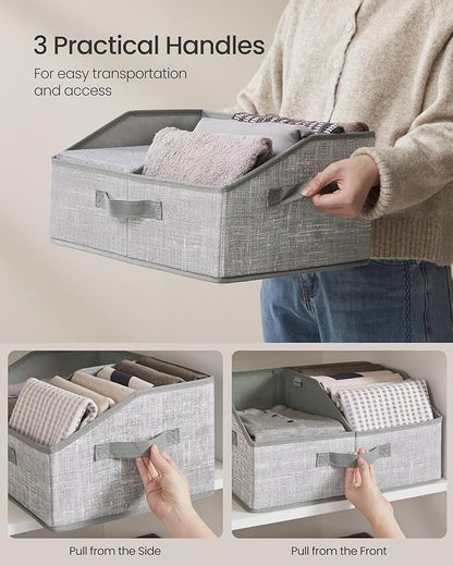 SONGMICS Set of 6 Storage Baskets, Foldable Storage Bins with Removable Dividers, Fabric Boxes, 15.7 x 11.8 x 7.9 Inches, Closet Organizers, 3 Handles, for Living Room, Cattail Gray URFB0140G01