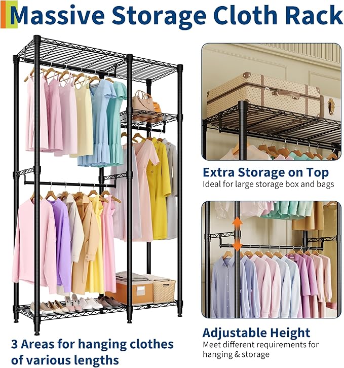 Portable Clothes Rack Heavy Duty Garment Rack, Large Freestanding Closet Wardrobe with Adjustable Shelves & 3 Hanging Rods, Closet Organizer and Storage for Bedroom Cloakroom, 76.5"H x 41.6"L x 15.5"W