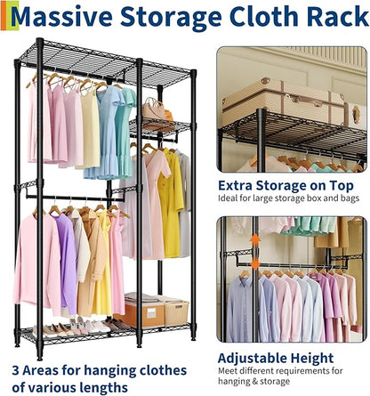 Portable Clothes Rack Heavy Duty Garment Rack, Large Freestanding Closet Wardrobe with Adjustable Shelves & 3 Hanging Rods, Closet Organizer and Storage for Bedroom Cloakroom, 76.5"H x 41.6"L x 15.5"W