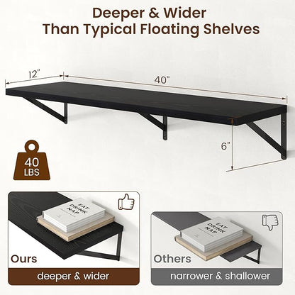 Axeman Deep Floating Shelves - 40 Inch Black Floating Shelves Set of 2-12 Inch Deep Wood Wall Shelves for Living Room Bathroom Kitchen
