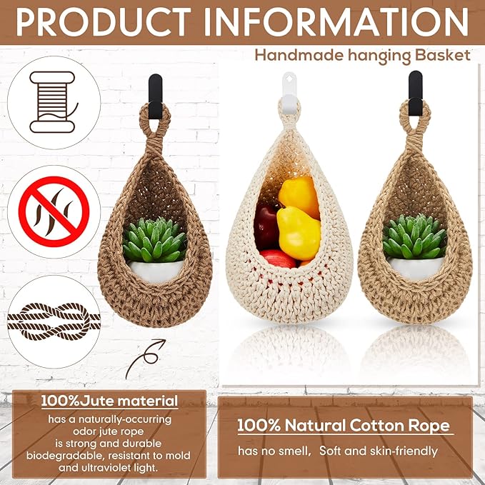 Honeydak Boho Decor Hanging Wall Baskets for Kitchen 3 Pack Teardrop Baskets with Hooks Storage Fruit Onion Vegetable Potato for Home 3 Sizes(Light Linen,Cotton Rope)