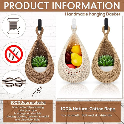 Honeydak Boho Decor Hanging Wall Baskets for Kitchen 3 Pack Teardrop Baskets with Hooks Storage Fruit Onion Vegetable Potato for Home 3 Sizes(Light Linen,Cotton Rope)