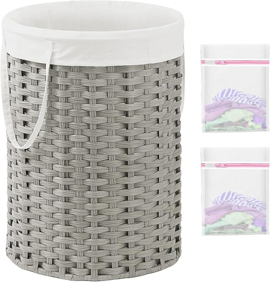 Laundry Basket Round Rattan Laundry Hamper 29.1 Gal(110 L) Handwoven Large Wicker Basket with Handles, Wicker Hamper with Removable Bags and 2 Mesh Bags for Bathroom Living Room Gray(No Lid)