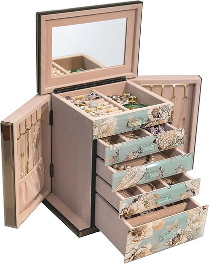 Homruilink High End Glass Jewelry Box - 5 Layer Jewelry Organizer with 2-Sided Doors and Mirror - Velvet-Lined Organizer For Ring, Necklace, Earring, Bracelet Storage - Christmas Gift For Women