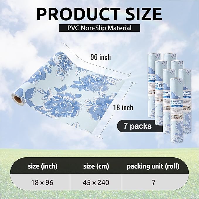 FIFTY FEET 18X96 Inch Shelf Liner for Kitchen Cabinets, PVC Drawer Liner for Dresser Non-Slip Bathroom, Non-Adhesive Cabinet Liner Washable (Blue Flower)(7 Roll)