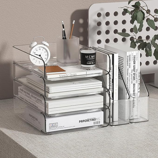 4-Tier Brown Acrylic Paper Tray Organizer for Desk + 2 Bookends – Stackable Letter Tray, Acrylic Desk Accessories/File Organizer, Office Paper Organizer