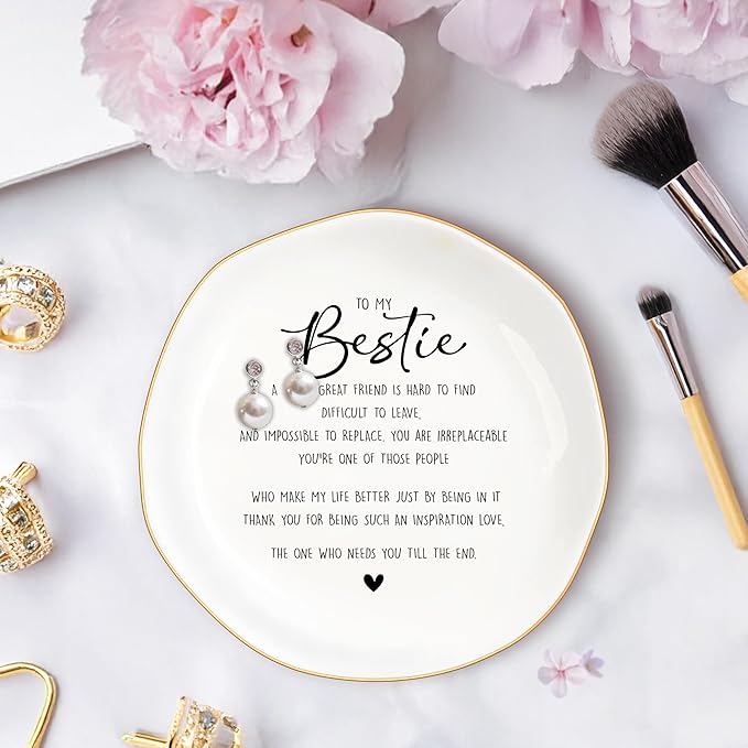 Bestie Gifts for Women Friendship, Jewelry Dish Trinket Tray, Gifts for Friends Female, Friend Gifts for Women Birthday, BFF Soul Sister Work Bestie Gifts for Thanksgiving Gifts (White-bestie1)