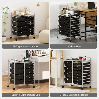 Giantex 12 Drawer Rolling Cart with Drawers, Storage Organizer Cart for Classroom Office School Teacher, Mobile Drawer Cart for Tools, Crafts, Small Printer, Black