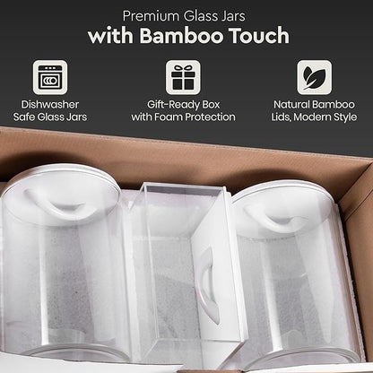 Laundry Pod Storage Container Set | Two 3L Glass Jars & One Acrylic Dryer Sheet Container with Bamboo Lids – Includes 2 Scoops, 60 Waterproof Laundry Labels – Dishwasher Safe