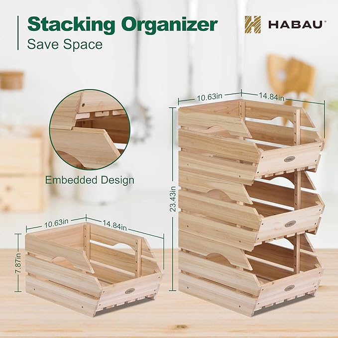 Wood Potato Onion Storage Bins - Wooden Stackable Produce Basket - Fruit Vegetable Storage for Kitchen Pantry Organization, Set 3 Pieces