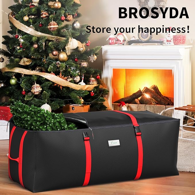 Christmas Tree Storage Bag, Fits Up to 9 Ft Artificial Christmas Tree with Buckle Straps & Dual Zippers & Handles, 600D PVC Durable Waterproof Material Protects from Dust (Black)