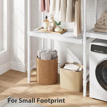 Over the Washer and Dryer Storage Shelf, 5-Tier Laundry Room Shelves with Hanger Rod & Hooks, Space-Saving Storage Shelf with Adjustable Height for Laundry Room, 61" W x 11.8" D x 74" H(White)