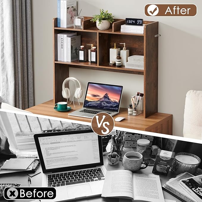 Desktop Bookshelf, Wooden Desk Storage Hutch with 5 Shelves, 3-Tier Desktop Display Organizer Rack for Office Home (Brown, 5 Shelves B)