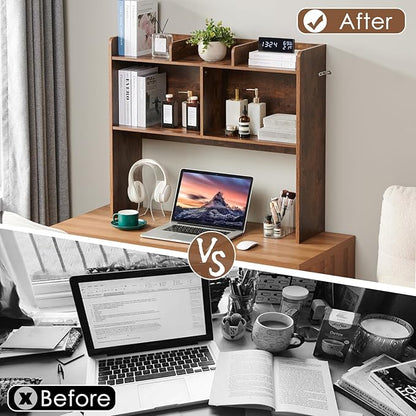 Desktop Bookshelf, Wooden Desk Storage Hutch with 5 Shelves, 3-Tier Desktop Display Organizer Rack for Office Home (Brown, 5 Shelves B)