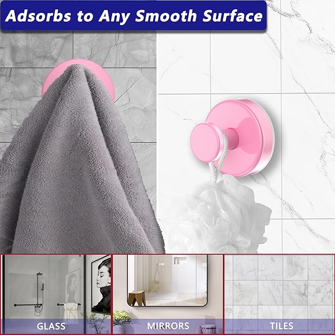 Suction Cup Hooks for Shower,Removable No Drill Towel Hooks,Upgraded 15 lbs Strong Suction hooks for Bathroom Tile,Shower Wall,Glass Door,Kitchen-Loofah,Coat,Stainless Waterproof-Pink 2 Pcs