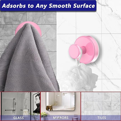 Suction Cup Hooks for Shower,Removable No Drill Towel Hooks,Upgraded 15 lbs Strong Suction hooks for Bathroom Tile,Shower Wall,Glass Door,Kitchen-Loofah,Coat,Stainless Waterproof-Pink 2 Pcs