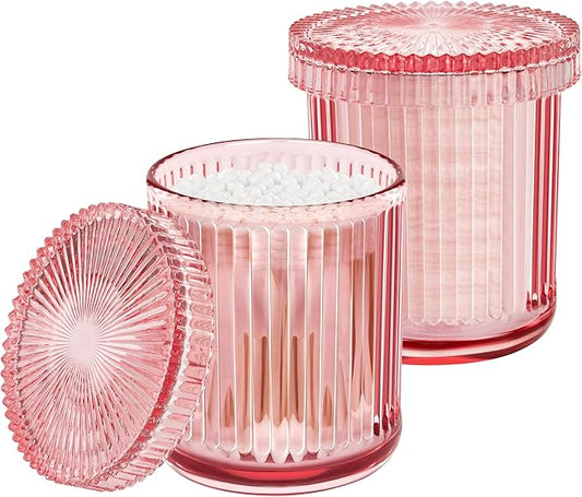 MKOSAB 2 Pack Qtip Holders for Bathroom, Clear Glass Apothecary Jars with Lids,Vintage Bathroom Canisters for Cotton Balls,Swabs,Floss Picks,Hair Ties,Vanity Organizer and Storage Decor (Pink)
