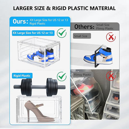 MCIJRJOI 12 Pack Hard Sturdy Thickened Rigid XX Large Shoe Storage Organizer for Closet, Clear Stackable Sneaker Shoe Boxes Rack Containers Display Case Bins with Lids, White