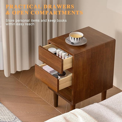 Narrow Nightstand 2 Drawers with Open Shelf Narrow Night Stand Solid Wood Bedside Table Mid Century Modern Nightstand Wooden End Table for Bedroom, Living Room, Study, Office