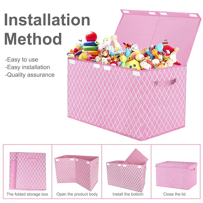 VERONLY Toy Box Chest Organizer Bins for Girls Boys, Kids Large Fabric Collapsible Storage Basket Container with Flip-Top Lid & Handles for Clothes,Blanket,Nursery,Playroom,Bedroom (Pink)