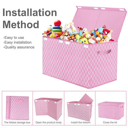 VERONLY Toy Box Chest Organizer Bins for Girls Boys, Kids Large Fabric Collapsible Storage Basket Container with Flip-Top Lid & Handles for Clothes,Blanket,Nursery,Playroom,Bedroom (Pink)