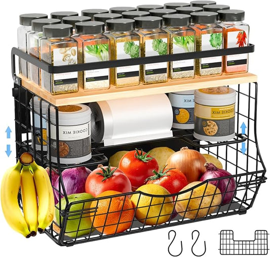 3-Tier Magnetic Shelf for Fridge with Divider & Bamboo Top, Fruit Basket Potato and Onion Storage Bins, Kitchen Large Container Magnetic Spice Rack for Refrigerator, Kitchen Counter, Fridge Organizer