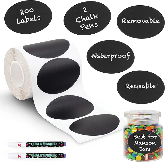 Mantah Oval Chalkboard Labels 200pcs with 2 White Chalk Marker, Reusable Waterproof Chalk Label for Storage Bin, Labels for Food Container, Label for Jars, Containers