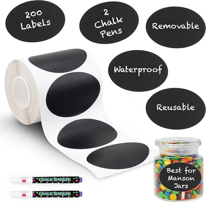 Mantah Oval Chalkboard Labels 200pcs with 2 White Chalk Marker, Reusable Waterproof Chalk Label for Storage Bin, Labels for Food Container, Label for Jars, Containers