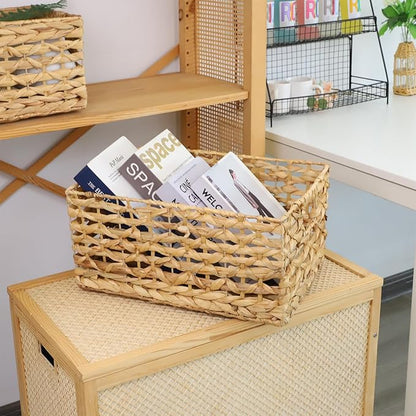 GYASVWU Rectangular Water Hyacinth Storage Basket, Wicker Baskets for Organizing,Hyacinth Baskets with Handle, Decorative Rattan Basket for Bathroom/Bedroom/Shelves/Living Room (Large)