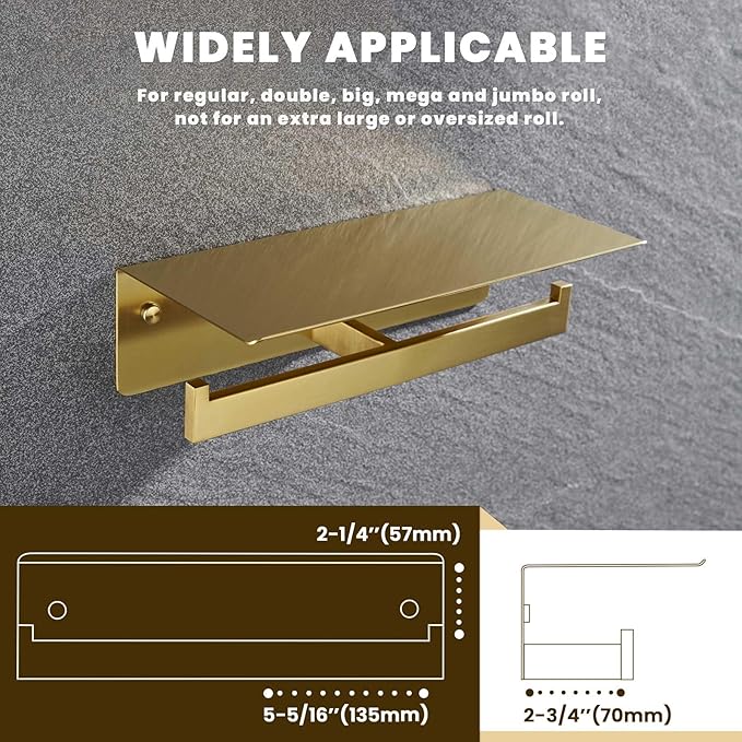 Suyar Toilet Paper Holder Brushed Gold, SUS 304 Stainless Steel Bathroom Double Toilet Paper Roll Holder with Shelf, Wall Mounted