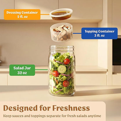 4 Pack Glass Salad Jars Pod with Wooden Lids for Meal Prep, Leakproof Container with Two Small Built in Cups for Wet/Dry Separation for Salad Dressing and Ingredients, 32oz Mason Jars