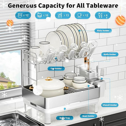 Ewaiira Large Dish Drying Rack, 304 Stainless Steel Dish Racks for Kitchen Counter, Automatic Drainage Spout, Rustproof Kitchen Dish Drainers with Drainboard, Utensil Holder & Glass Holder, White