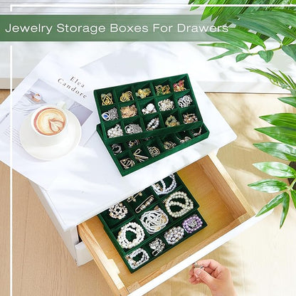 Junkin 12 Pcs Jewelry Tray Velvet Stackable Jewelry Organizer Trays Divided Earring Accessories Storage Containers Box (Rose Red)