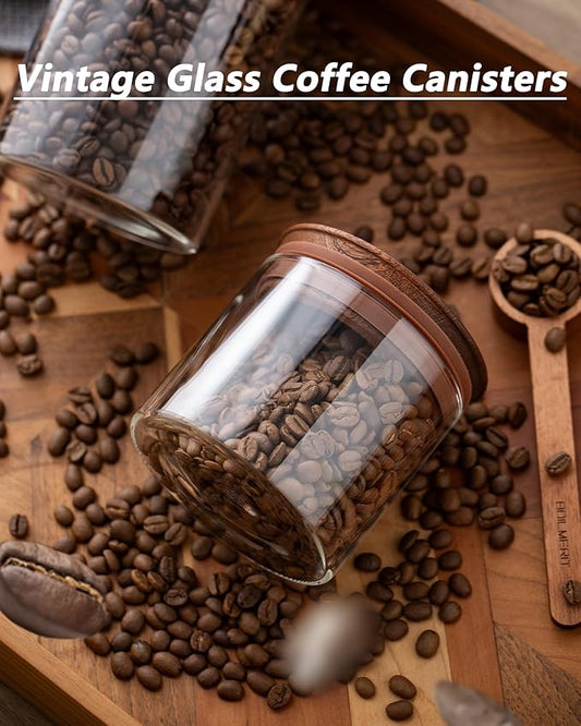 17 oz Coffee Canister with Scoop and Wooden Lids, Airtight Glass Coffee Beans Storage Container Sets of 2 for Ground Coffee,Food Storge Jars for Ground Coffee Bar Cereal Snack