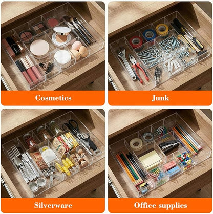 Briwooody Large Acrylic Desk Deep Drawer Organizer with Adjustable Dividers, Anti-Skip Clear Desk Top Organizer Tray for Pens, Desktop, Office, Bathroom, Kitchen, Makeup Supplies(10 Compartments)