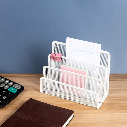 VANRA Small Letter Sorter Desktop File Holder Organizer Metal Mesh with 3 Vertical Upright Compartments (White)