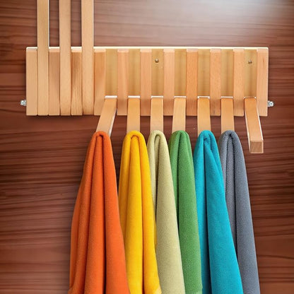 Beech Wood Wall Mounted Drying Rack for Laundry Room with 10 Mount Folding Coat Hooks Racks Drying Hanger for Clothes Bathroom Hat Towels Robes Rack Saving Space