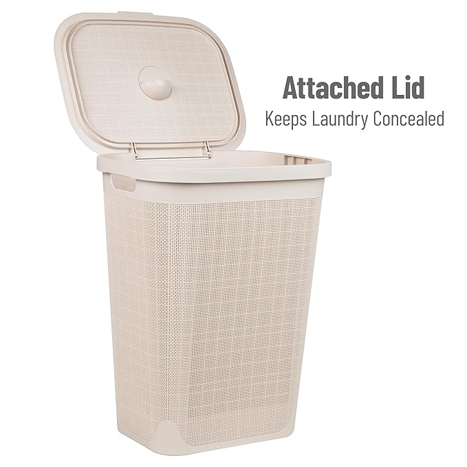 Mind Reader 60L Slim Laundry Hamper, Clothes Basket, Lid, Linen Design, Plastic, Ivory