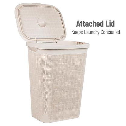 Mind Reader 60L Slim Laundry Hamper, Clothes Basket, Lid, Linen Design, Plastic, Ivory